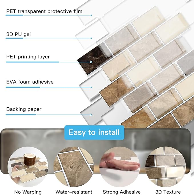 Art3d Peel and Stick Backsplash Tiles – 12"x12" Yellow Jasper Thicker Design