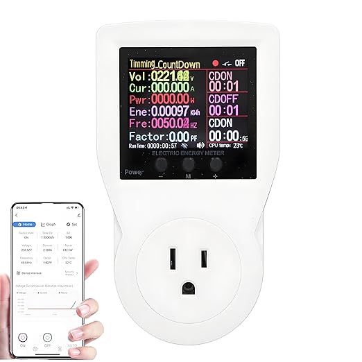WiFi Smart Plug with Energy Monitoring Electricity Usage Monitor with LCD Display Smart Metering Socket for Home Appliances AC85â265V US Plug 16A Maximum Current 3680W