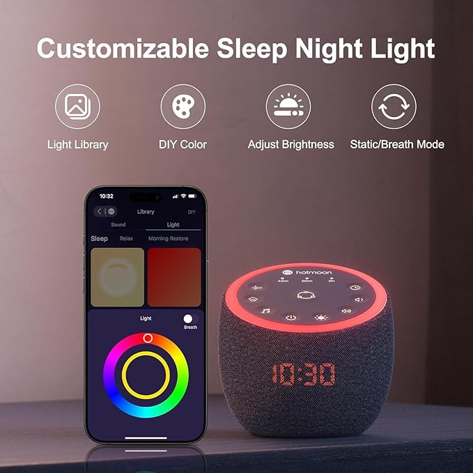 Hotmoon Sound Machine, Cocoon Pro 2 White Noise Machine for Sleeping Adults, 388 Non Looping Sounds & Sleep Timer, Smart App Control Night Light, Nature Sound Pink Green Brown Noise Maker, Plug in