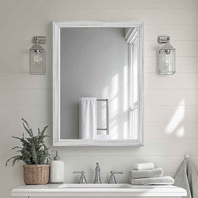 White Grey Wood Effect Framed Wall Mirror, 22x30 Rectangle Mirror,