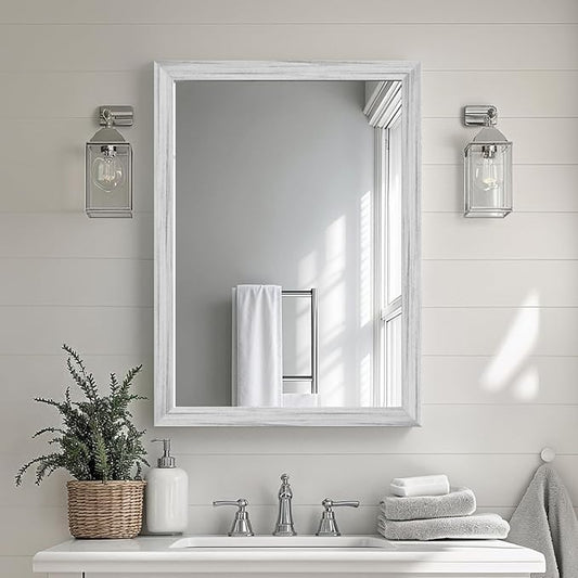 White Grey Wood Effect Framed Wall Mirror, 22x30 Rectangle Mirror,