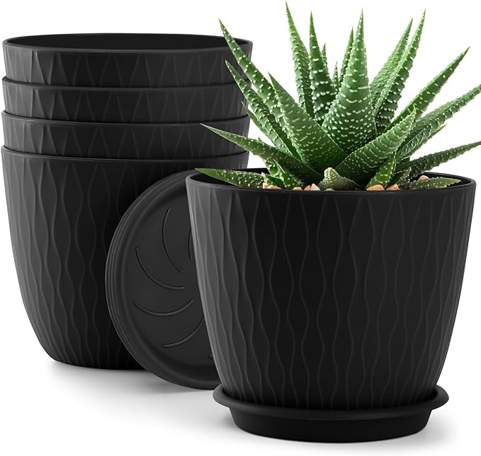 Plant Pots â 6 Inch Planters with Drainage Holes and Saucers, Flower Pots for Indoor and Outdoor Plants, Nursery Planting Pots (Pack of 5, Black)
