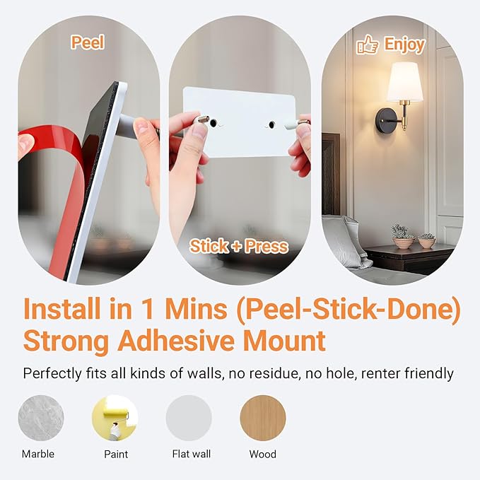 Peel and Stick Wall Sconces, Stick On Wall Sconce Set of 2, Battery Operated