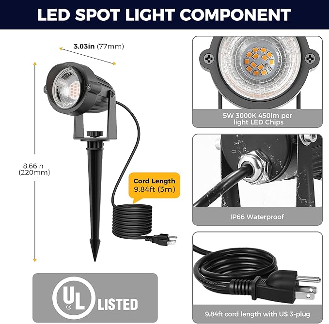 L LOHAS LED 5W Dusk to Dawn Outdoor Lighting, Auto On/Off 6000K Landscape Outdoor Spotlight, IP66 Waterproof Plug in Spot Lights for Yard, Garden, House, Pathway, Plant, UL Listed (4 Pack)