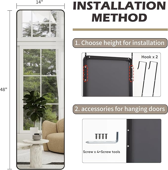 Full Length Door Mirror 14x48, Metal Frame