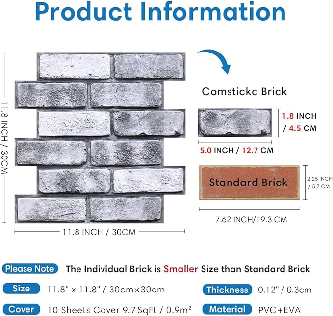 COMSTICKC 3D Faux Brick Wall Panel Peel and Stick, Small Size, Ultra-Light PVC