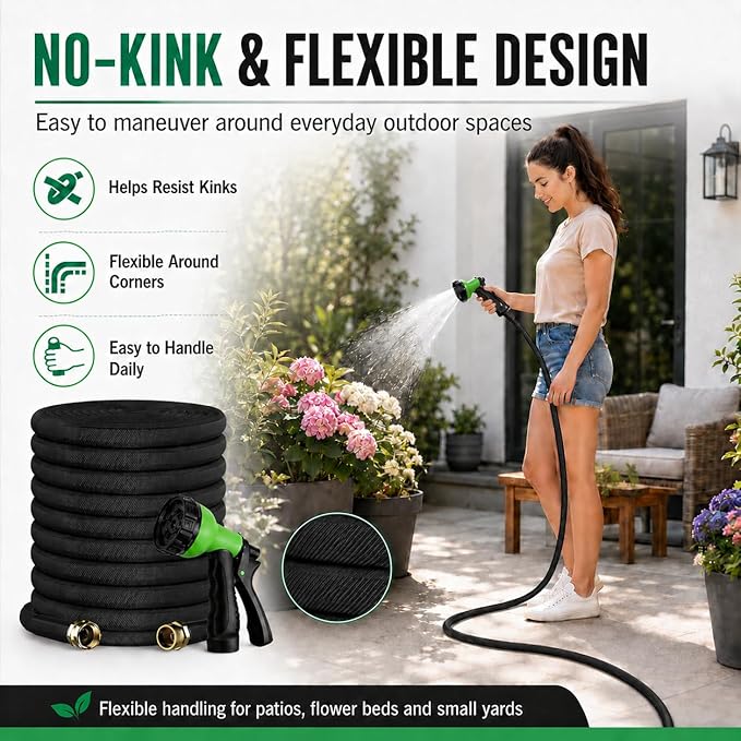 50FT Lightweight Flat Garden Hose for Women & Seniors, Non-Expandable Water Hose with 10-Pattern Spray Nozzle, Easy Storage No-Kink Hose for RV, Patio, Small Backyard, Car Wash & Everyday Watering