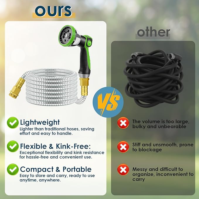 25 FT Stainless Steel Garden Hose with 10-Function Spray Nozzle, Kink-Free Flexible Metal Water Hose, Solid Brass 3/4'' Connectors, Heavy Duty, Durable, Leak-Proof, Lightweight, Tangle-Free