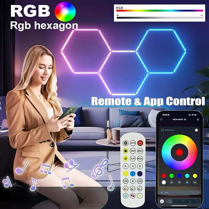 25Pack RGB 5 Hexagon LED Garage/Wall Lights, RGB 358 Kinds of Changes Dimmable