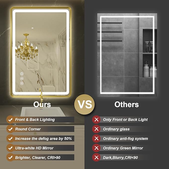 24''x36'' Gold Framed LED Bathroom Mirror