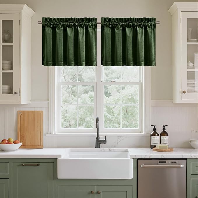NICETOWN Velvet Cafe Windows Valance, Olive Green Window Treatment