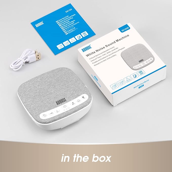 Portable White Noise Sound Machine - August SE160 - Calming, Ambient Sleep Therapy - 14 Soothing Sounds for Babies, Children, Adults - Sleep Aid with Timer - 60-Hour Battery - USB-C Charging - White