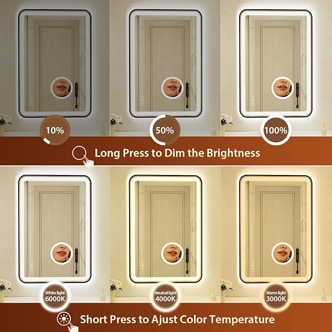 24x36 Inch Black Framed LED Bathroom Mirror