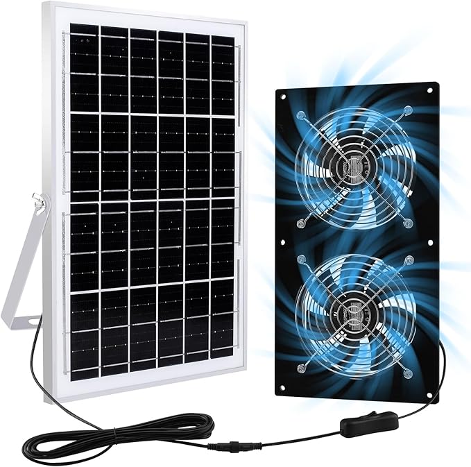 Solar Exhaust Fans & Powered Fan with 15W Panel & 2-Pack High-Speed Brushless DC Fans,Solar Ventilation Fan for Greenhouses, Chicken Coops, Attics, Barns, Sheds & Dog Houses