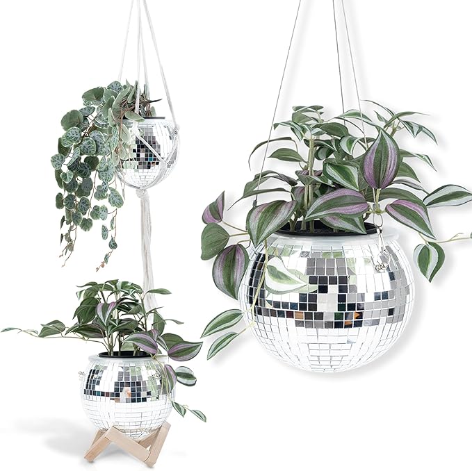 6" Disco Ball Planter â Rotating Mirror Planter with Macrame Hanger & Wooden Stand for Indoor and Outdoor Plants