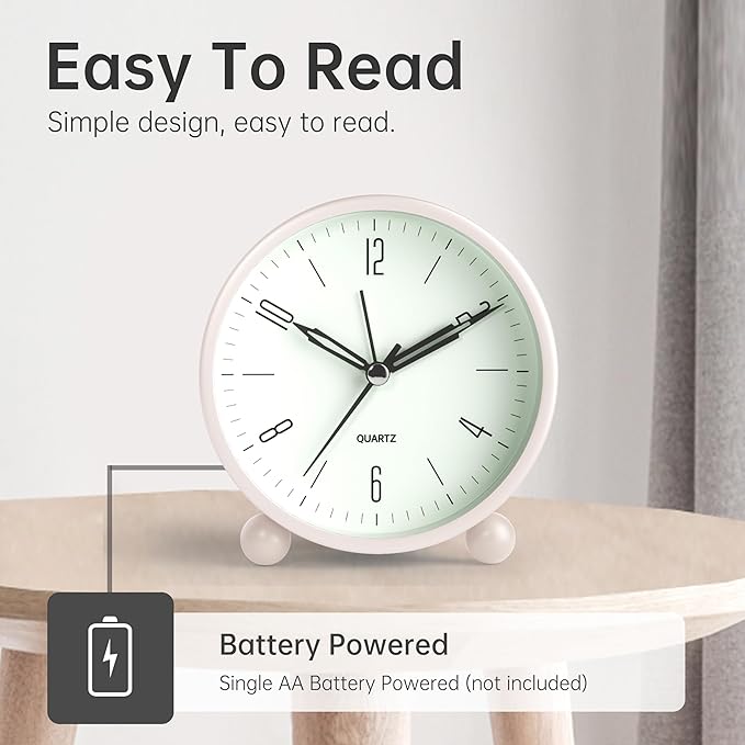 Analog Alarm Clock, 4 inch Super Silent Non Ticking Small Clock with Night Light, Battery Operated, Simple Design, Old Fashioned Style Cream Decor, for Bedroom, Bedside, Desk, Adult, Kid, Gift, White