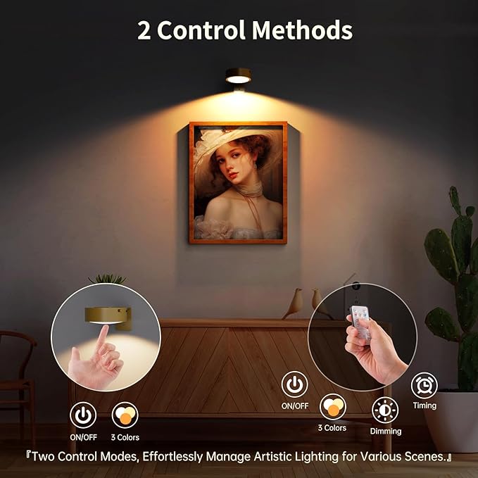 3 Pack Picture Lights for Wall, Rechargeable Battery Operated wall lights