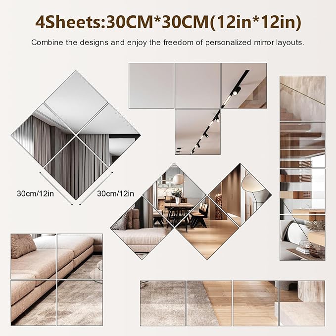 Shiftshade 4 Pack Wall Mirror Full Length, 12 x 12 Inch Acrylic Mirror Tiles