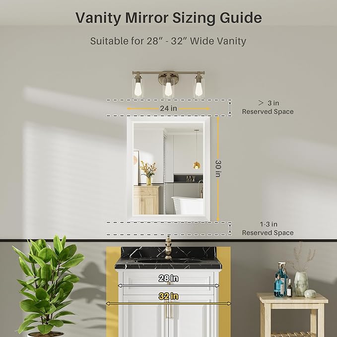 24x30 Inch White Bathroom Mirror