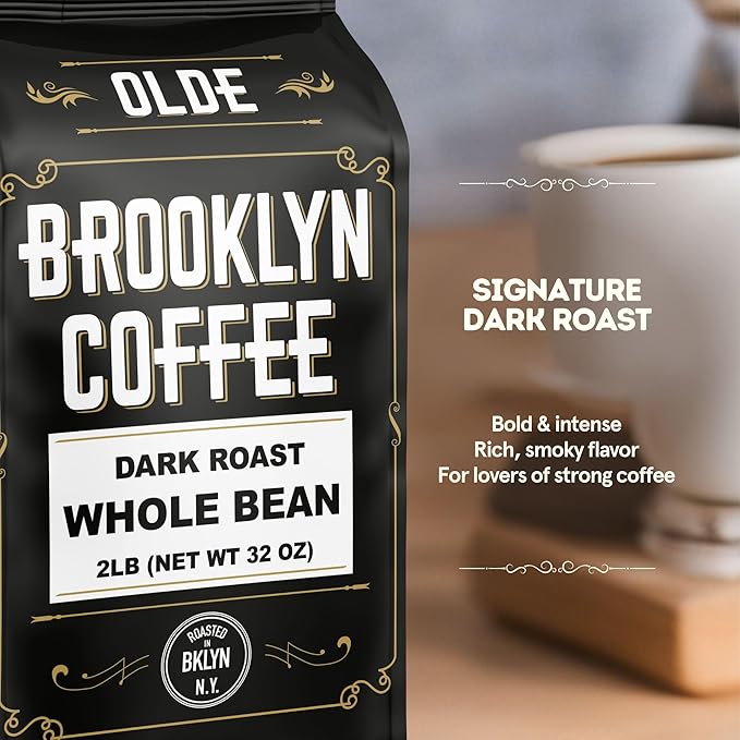 BROOKLYN COFFEE Whole Bean, Classic Dark Roast (2lb) Bold, Smooth Taste, Intense Aroma - Fresh Bulk Coffee Beans Roasted Weekly in NYC