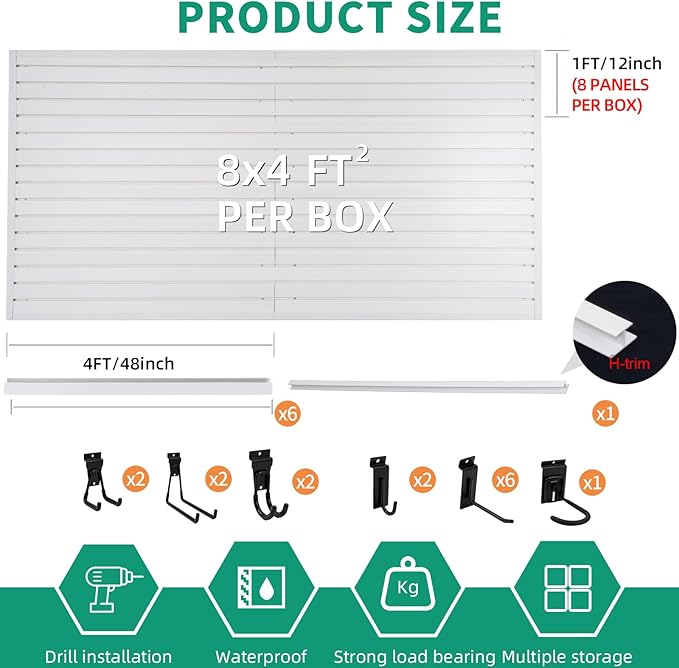 FRAYSCENT Slat Wall Paneling Garage Slat Wall Storage Systems Slatwall Panels Power Tool Organizer Wall Mount, PVC Garage Storage & Organization Products Slate Board (White, 4ft x 8ft with 15 Hooks)