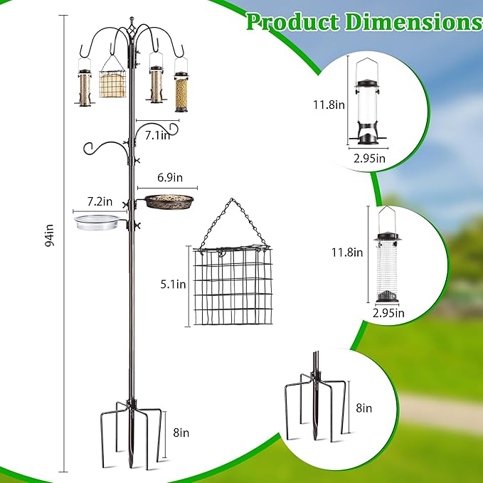 Bird Feeding Station Kit, 94 Inch, 6-Hook, Metal Birds Feeder Stand Pole with Bird Bath and Mesh Tray, Freestanding 5-Prong Base