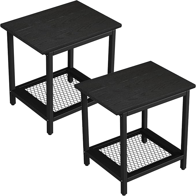 2-Tier Outdoor Side Table with Storage, Weather Resistant Patio End Table, HDPS Small Accent Table for Deck, Garden, Pool, Backyard, Black 2pcs
