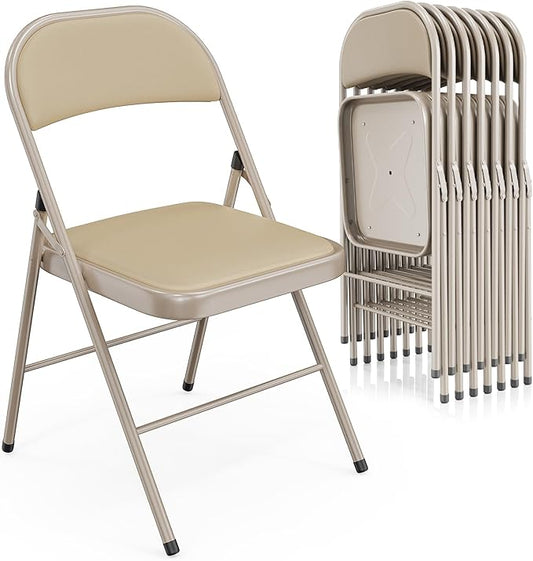 VINGLI 8 Pack Folding Chairs with Padded Seats, Metal Frame with Pu Leather Seat & Back, Capacity 350 lbs, Set of 8, Khaki