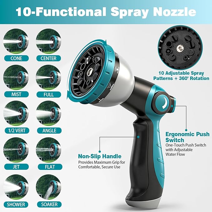 75FT Garden Hose, Kink-Free Non-Expandable Flexible Water Hose with 10-Pattern Spray Nozzle, Lightweight Leakproof Flat Hose with 3/4” Solid Brass Connector for Yard, Lawn & Outdoor Use