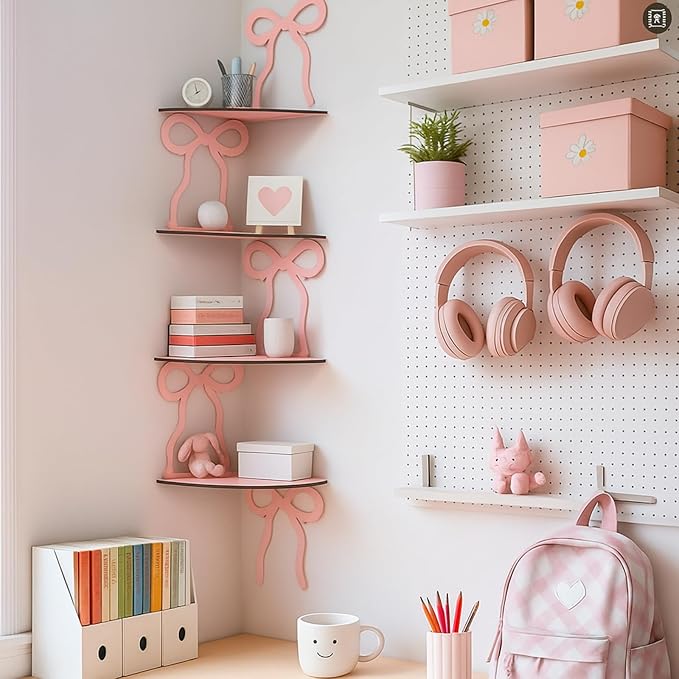 Kathfly 4 Tie Pink Bow Corner Shelf Wall Mounted Pink Floating Wood Corner