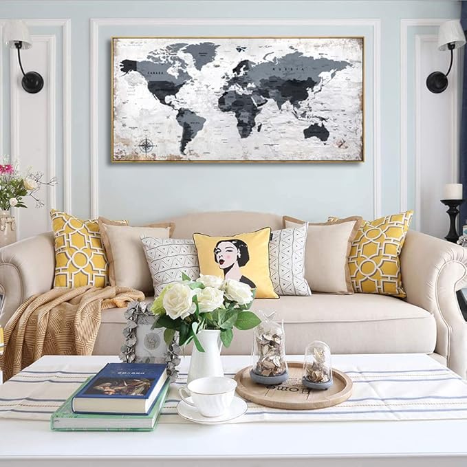 Framed wall art World Map Wall Art Canvas Picture 30inchx60inch Large Black and