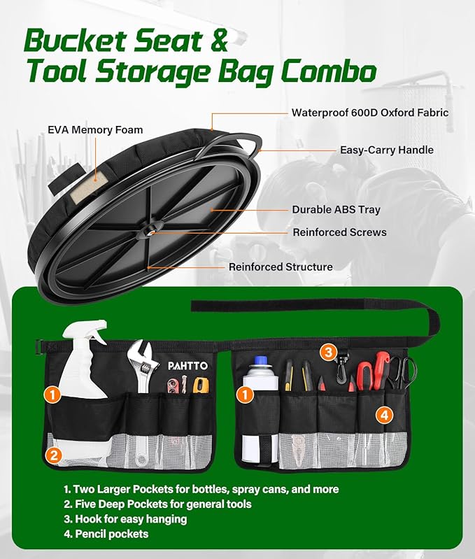 5 Gallon Bucket Seat with Tool Organizer Bag, Bucket Seat Lid & Tool Storage Caddy, Silent 360° Swivel Bucket Chair, Waterproof Comfortable Cushion for Camping, Fishing, Gardening, Yard Work, Hunting