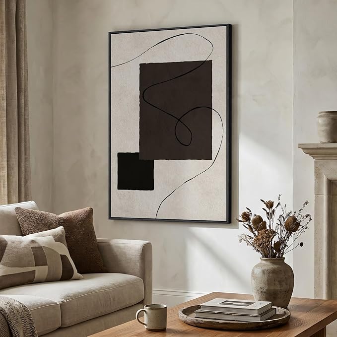 Framed Modern Black and White Neutral Abstract Wall Art, Contemporary