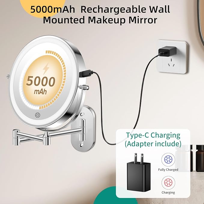 FUNTOUCH 5000mAh Rechargeable Wall Mounted Makeup Mirror