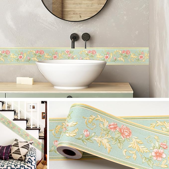 AbaBoorty Green Floral Wallpaper Border Decor 196"X4.1" Peel and Stick Wall