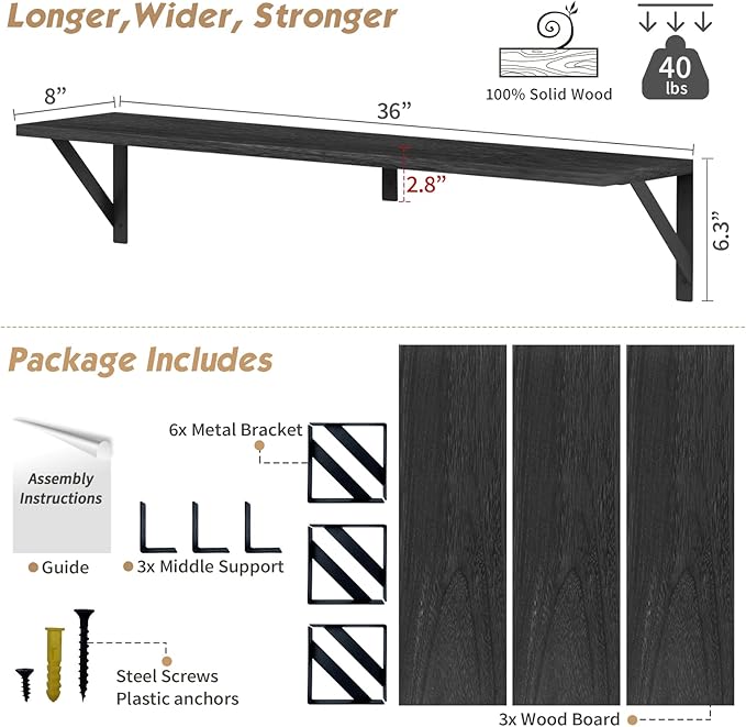 Forbena Floating Shelves 36 Inches Long 8 in Deep Set of 3, Large Wall Shelf