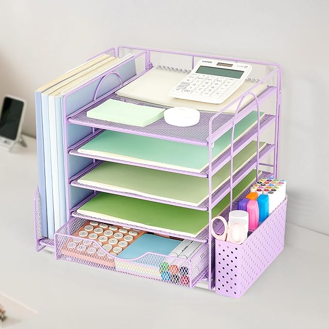 OUTIOE Desk Organizer with Drawer and Pen Holder, 5-Tier Paper Letter Tray Organizer with File Holder, Suitable for Workspace Organizer Office Supplies Storage (Purple)