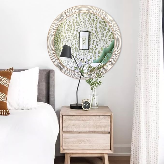 Reflinto 30 Inch Rustic Farmhouse Wooden Round Mirrors