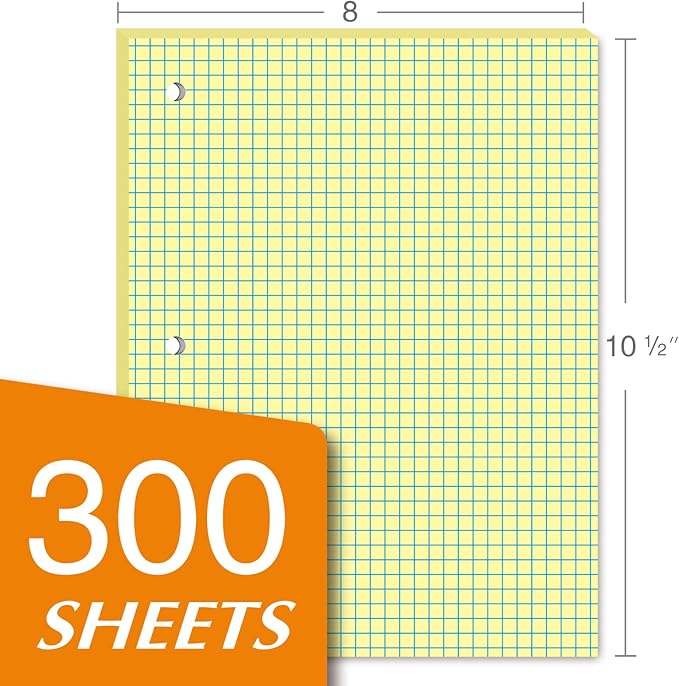 KAISA Loose Leaf Notebook Paper, 4x4 Quad Graph Ruled, 300 Sheets Per Lined Paper, 8" x 10.5", 3 Hole Punched for 3 Ring Binder, Canary, Made In USA