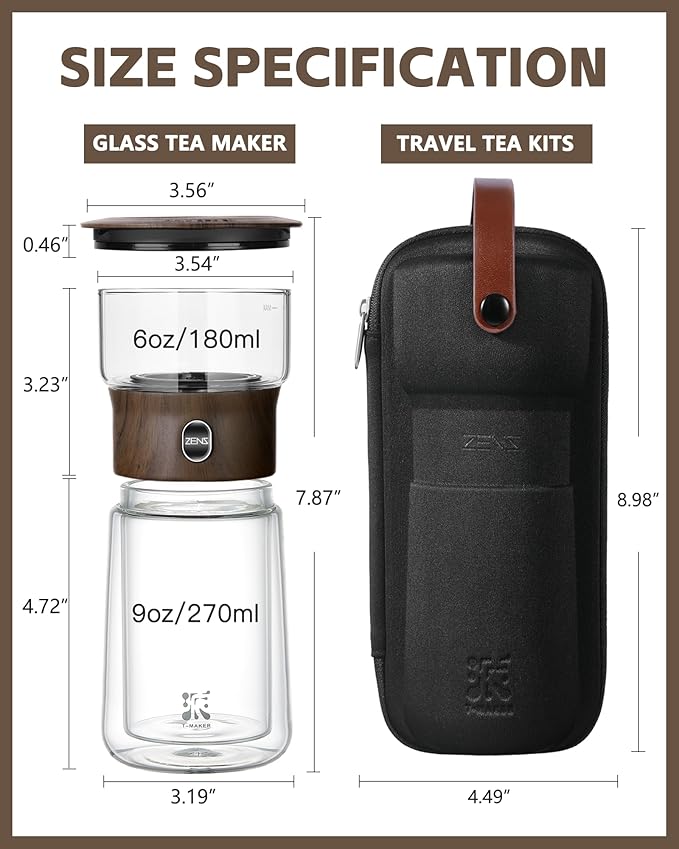 ZENS Modern Glass Infuser Teapot, One Touch Tea Maker for Loose Leaf Tea with Insulated Mug and Portable Case. Enchanted Pot Alternatives for Tea Lover Gifts
