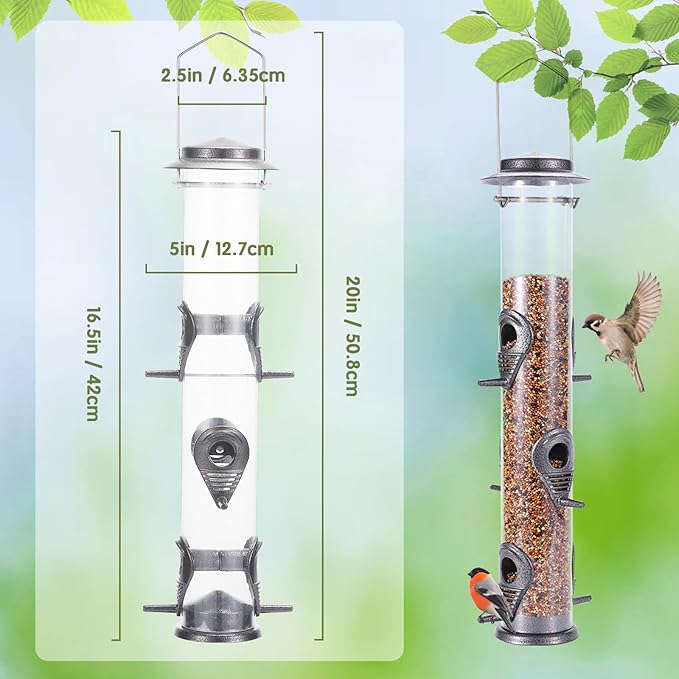 Metal Bird Feeder Tube Hanging Wild Bird Seed Feeder Aluminum Six Port Bird Feeders,1.4 mm Extra Thick Solid Tube Transparent with Steel Hanger Great for Attracting Birds (Grey 2PK)