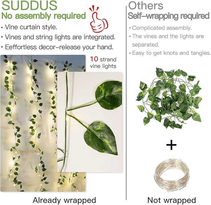 suddus Vines with Lights, 200 LED Fairy Lights with Vines, Pothos Curtain