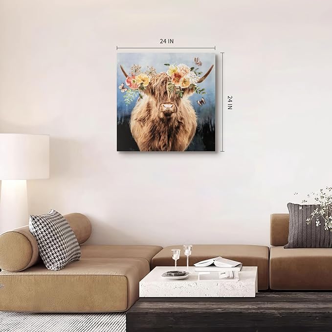 Hand-Painted Highland Cow Canvas Wall Art, Lovely Cow