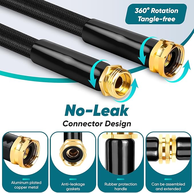 Garden Hose 50FT Non-Expanding, Lightweight Hose With 10-Function Nozzle, Leak-Proof, No-Knot, Easy to Carry, Wear-Resistant, Sturdy 3/4GHT Flexible Water Hose for Yard Garden (Light black)