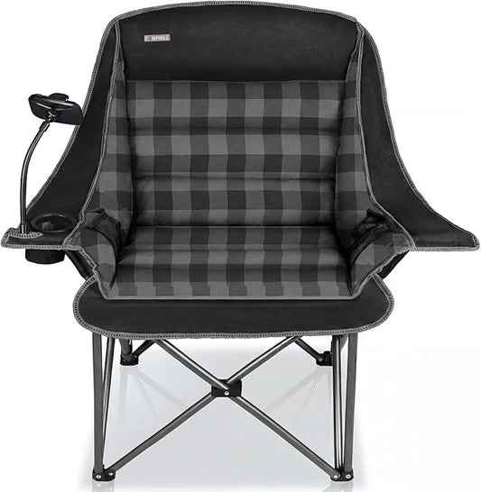Oversized Camping Chairs for Adults- Heavy Duty Extra Large Lawn Chair,Folding Comfy Padded Camp Chair for Outdoor Sports Garden Beach Fishing,Wide&Thick,Black Plaid