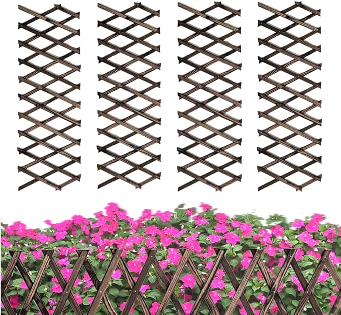 4 PCS Expandable Garden Trellis, 12" x 75" Wooden Lattice Fence Wall Panel Stretchable Decorative Fences Lattice Trellis for Climbing Plants Outdoor Ivy Vine Rose Clematis Garden Patio Room Decor (4)