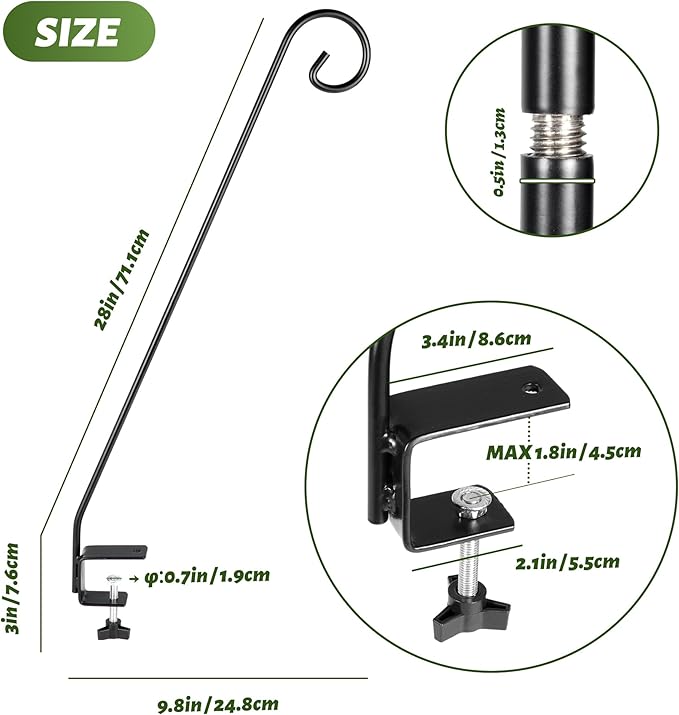 MIXXIDEA 2 Packs Heavy Duty Deck Rail Pole Deck Hook, Extensible and Adjustable Deck Hook for Hanging Bird Feeder, Plants, Suet Baskets,Wind Chimes,Lanterns