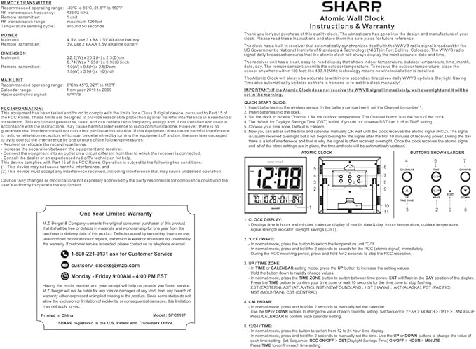 Sharp Atomic Clock – Never Needs Setting, Jumbo 3” Easy-Read Display, Indoor &