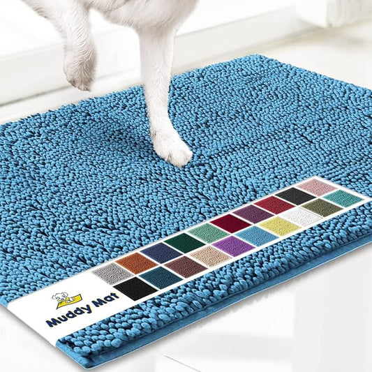 Muddy MatÂ® | Super Water Absorbent Door Mat Indoor, Microfiber Quick Dry Chenille Entryway Rug, Slip Resistant Front Door Mat, Indoor Mats for Entryway, Machine Washable Pet Rug, Sky Blue 48"x72"