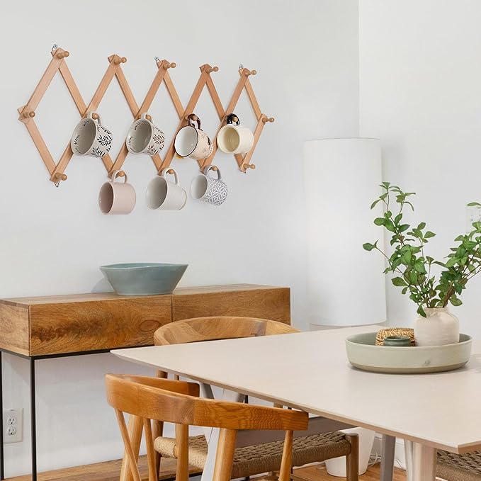 SCUNDA Wall Rack with 16 Hooks, Wooden Wall Expandable Coat Rack